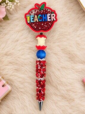 Teacher Apple Rhinestone Beaded Pen • Red Shaker Topper • Teacher Gift